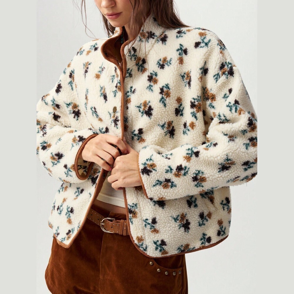 Cream Floral Print Sherpa Contrast Trim Snap Front Teddy Jacket